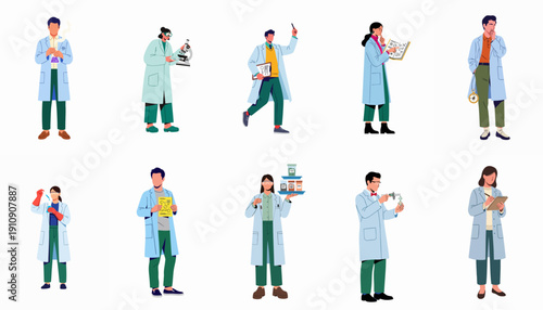 Diverse team of scientists and researchers in lab coats conducting various experiments and analysis, illustrating scientific research and innovation.
