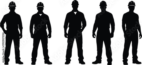 Five construction worker silhouettes wearing safety helmets standing in different poses isolated on white background for industry, labor, and workforce design projects