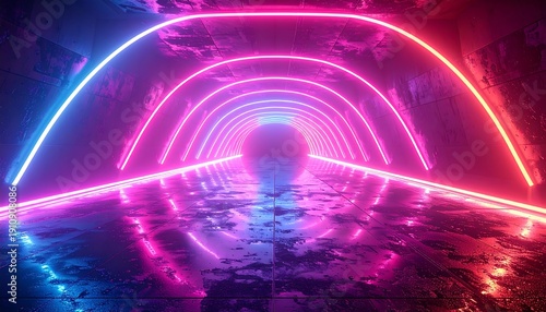Neon Lights Forming Abstract Archway Over Water.