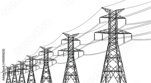 High voltage transmission towers illustration showing electrical power lines, energy infrastructure, industrial grid network, minimal black and white vector design background