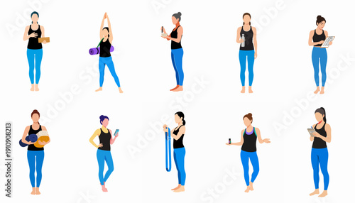 Diverse Yoga and Fitness Woman Illustrations Set: Wellness Routine, Exercise Prep, Props, Mats, and Digital Planning.