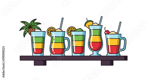 Set of colorful layered mocktails and traditional Ramadan beverages icons on a wooden tray isolated on white background