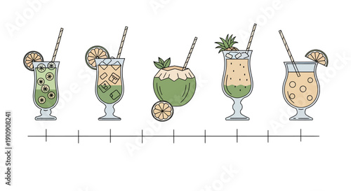 Set of tropical fresh drinks and traditional Ramadan beverages in flat line art style isolated on white background