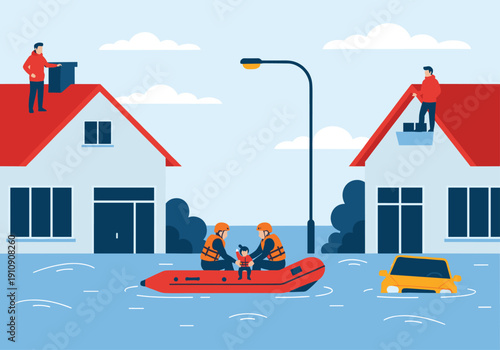 Professional Emergency Flood Rescue Scene Featuring First Responders in Lifeboat Saving a Child with People Waiting on Rooftops of Submerged Houses for Disaster Relief