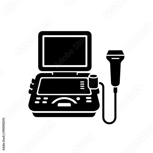 An ultrasound machine with a monitor and probe for medical imaging.