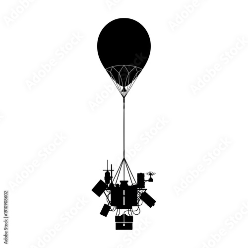 A hot air balloon carrying a group of people and their belongings.