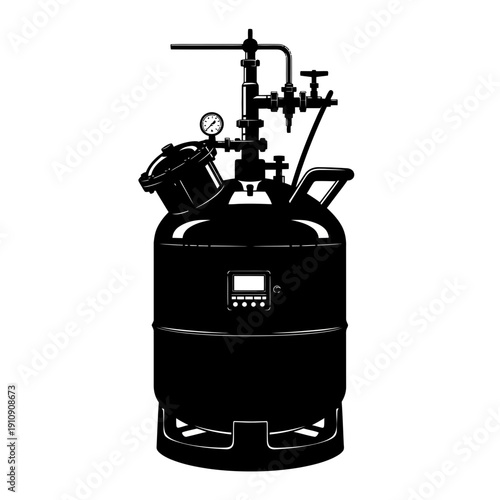 Black propane tank with various gauges and valves attached to its top.