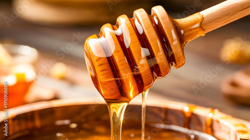 Honey dripping slowly from wooden spoon into bowl with warm golden light and smooth texture, natural sweet food concept with rich organic syrup detail