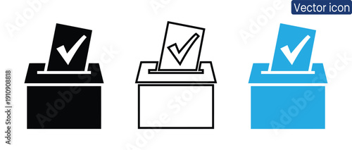 Collection of ballot box icons with checkmark in black, outline, and blue styles