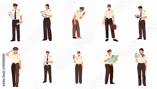 Vector illustration set of male and female professional airline pilots and aviators performing various duties before flight, isolated on white background.