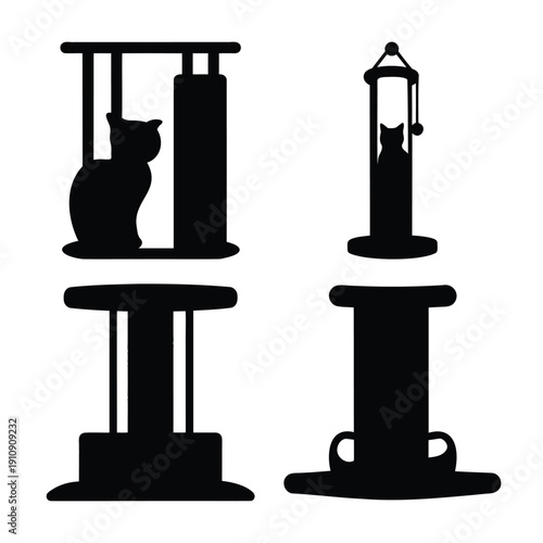 Abstract black silhouettes of cat scratching posts and playful feline furniture designs