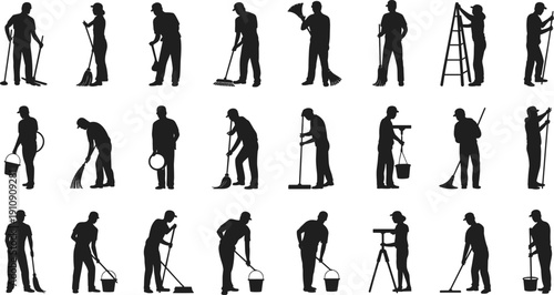 Cleaning and janitor worker silhouettes with tools, maintenance team isolated on white background