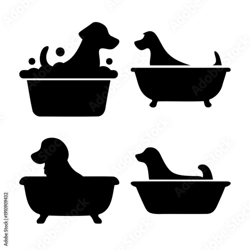 Playful silhouettes of dogs enjoying a refreshing bath time in various tub poses