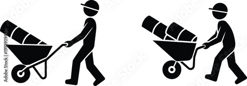 Construction worker pushing wheelbarrow with materials, builder silhouette isolated on white background