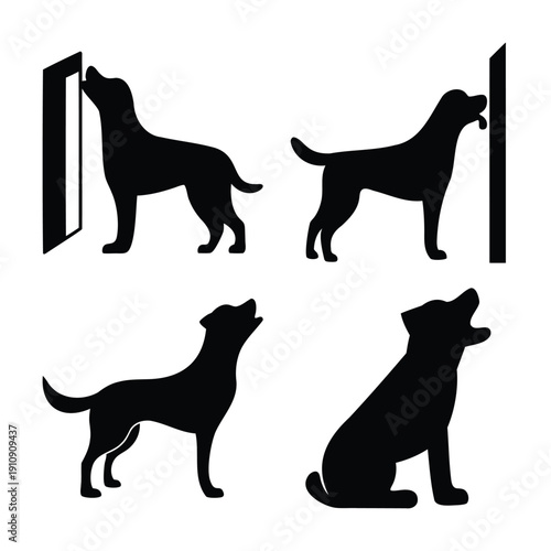 Different dog silhouettes depicting various stances of howling and barking