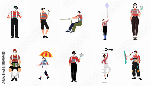 Mime characters performing various silent acts including holding a rose, pulling rope, climbing a ladder, painting, and playing music, isolated vector set.