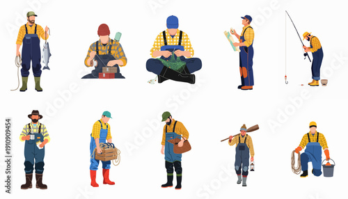 Fishermen at Work Collection: Illustrations of Men Engaged in Fishing Activities, Including Catching Fish, Mending Nets, and Preparing Gear.