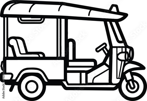 Black and white illustration of a Thai tuk-tuk, a three-wheeled motorized vehicle.