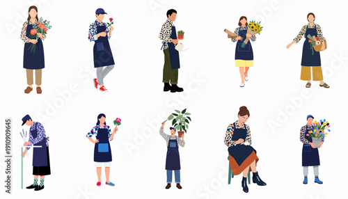 A diverse group of eleven florists and garden shop workers engaged in various tasks, illustrating flower arrangement, plant care, and small business operations.