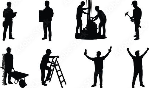 Construction worker silhouettes with equipment and success gestures, professional builders isolated on white background