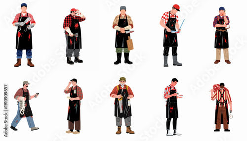 Diverse group of male butchers illustrated wearing blood-splattered aprons and holding meat processing tools, isolated on white.