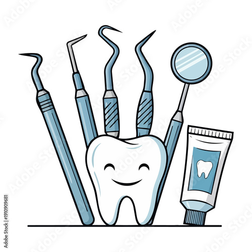Cute tooth character with dental tools and toothpaste, dentistry and oral hygiene concept illustration