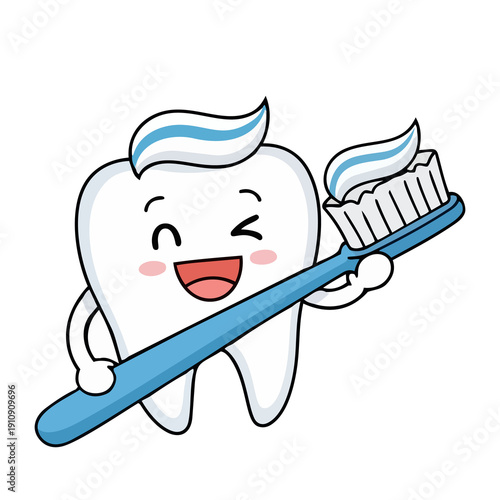 Happy tooth character holding a toothbrush with toothpaste, oral hygiene and daily dental care concept
