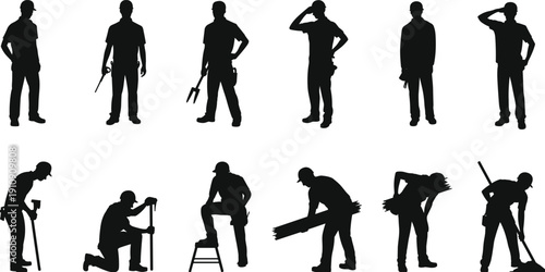 Construction worker silhouettes with tools and resting poses, professional builders isolated on white background