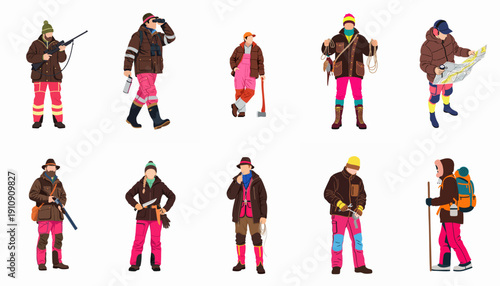 A collection of ten outdoor adventurers, including hunters, hikers, and explorers, wearing brown jackets and vibrant neon pink pants, isolated on white.