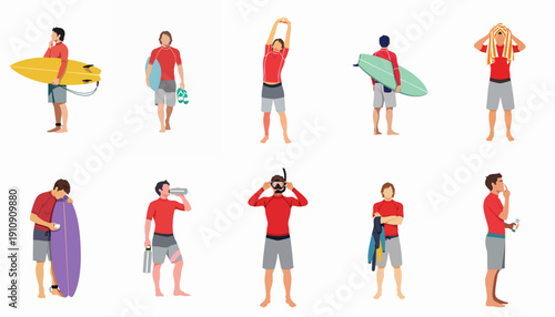 Surf Culture and Water Sport Enthusiast Activities Set: Flat Vector Illustrations of Men Preparing, Surfing, and Recovering on the Beach.