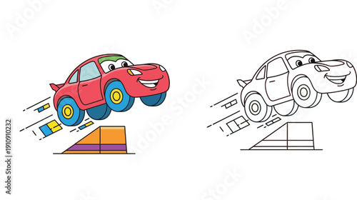 Cartoon red car jumping off a ramp vector illustration with black and white outline coloring book page version for kids isolated on white background