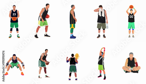 Dynamic vector set of basketball players performing various actions: dribbling, shooting, resting, stretching, and celebrating victory.