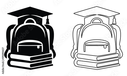 Graduation Cap with Backpack and Books Icon Vector in Solid and Outline Style for Education Concept Design