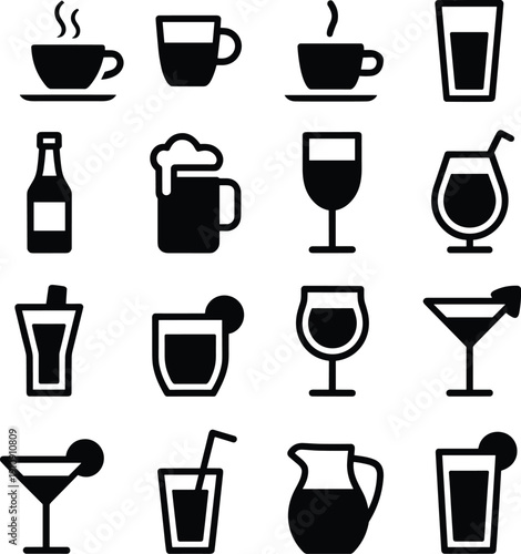 Black silhouette beverage icons set featuring coffee cups, tea mugs, beer, wine, cocktails, juice glasses, bottles and pitcher for bar and restaurant menu design