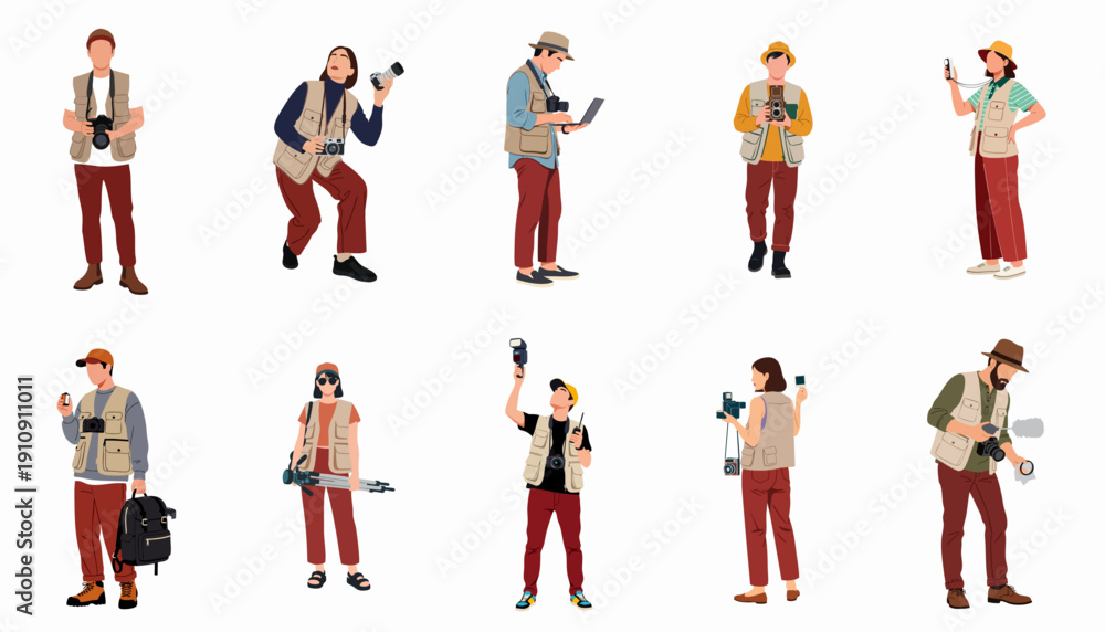 Φωτογραφία Set of ten diverse professional photographers and photojournalists wearing vests, holding various cameras, tripods, and equipment for visual storytelling