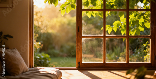 Warm golden sunlight streams through a wooden-framed window, illuminating lush green leaves and a tranquil garden beyond. 