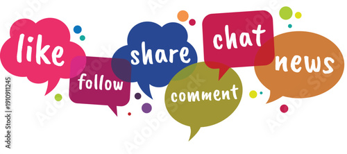 Social Media Interaction Icons Featuring Like, Share, Comment, and Follow Bubbles