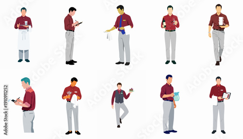 Flat vector illustration set of professional male waiters performing various hospitality duties like taking orders, serving beverages, and carrying food.