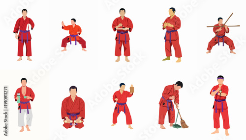 Vector Collection of a Martial Arts Student in Red Gi Showing Training, Discipline, Weapons Practice, and Daily Dojo Life.