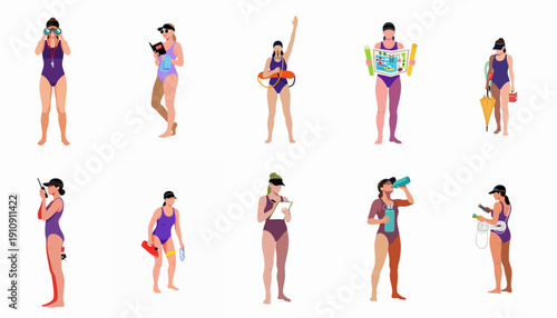 A collection of female lifeguards performing various professional duties, including observation, communication, planning, and rescue preparation, isolated on white.