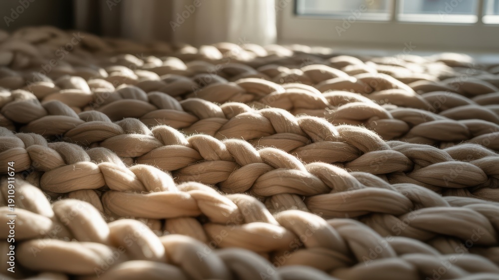 Obraz premium Chunky knit wool blanket macro cozy hygge texture neutral beige