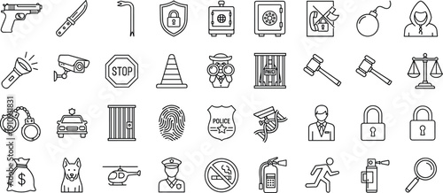 Hand Drawn Security and Crime Prevention Icon Set with Police Tools Surveillance Weapons Handcuffs and Safety Outline Vector Collection