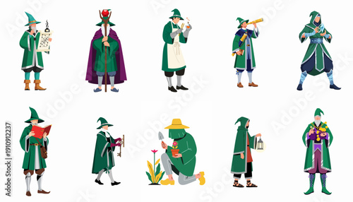 Collection of Fantasy Wizards, Mages, and Alchemists in Green Robes Performing Various Magical and Scholarly Activities.
