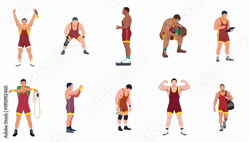 Flat vector illustration set of male wrestlers showing different phases of the sport: victory, training, weigh-in, competition stance, injury, and resting, isolated on white.