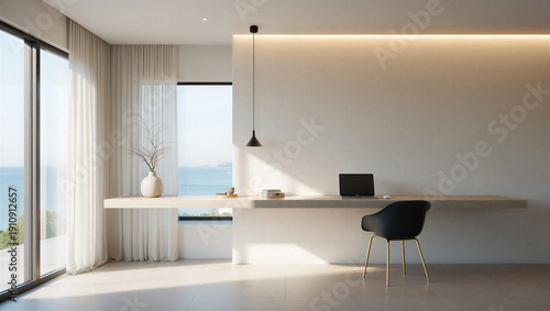 Tableau sur toile Modern minimalist home office with ocean view and sleek furniture