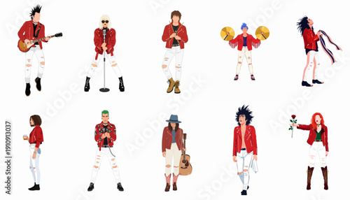 Diverse group of rock and punk musicians illustration set, featuring performers in red leather jackets and ripped white jeans isolated on white.