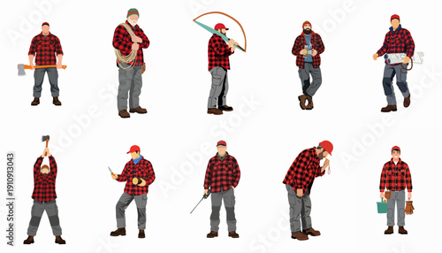 Collection of Lumberjack and Forester Characters with Tools in Various Poses, Wearing Plaid Shirts, Isolated on White Background.