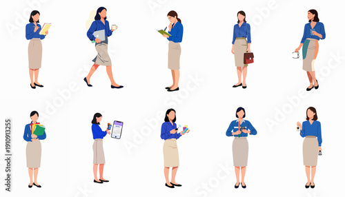 Set of flat vector illustrations depicting a professional businesswoman performing daily office routines, multitasking, using technology, and managing corporate tasks.