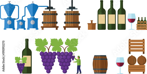 Traditional Wine Production Process Vector Set Featuring Grape Harvesting, Wooden Press Machines, Fermentation Equipment, Oak Barrels, Glass Bottles, and Vineyard Industry Elements