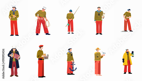 Collection of flat vector illustrations featuring stylized sailors and seamen in striped shirts and red pants performing nautical activities.